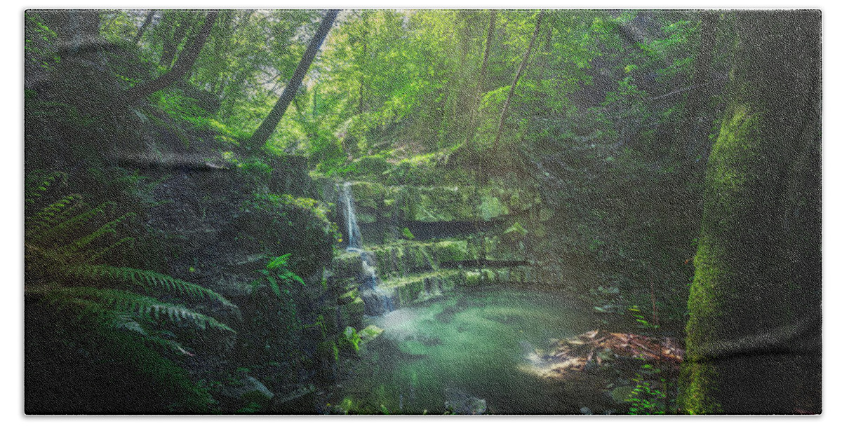 Waterfall Bath Towel featuring the photograph Waterfall inside a forest. Chianni, Tuscany by Stefano Orazzini