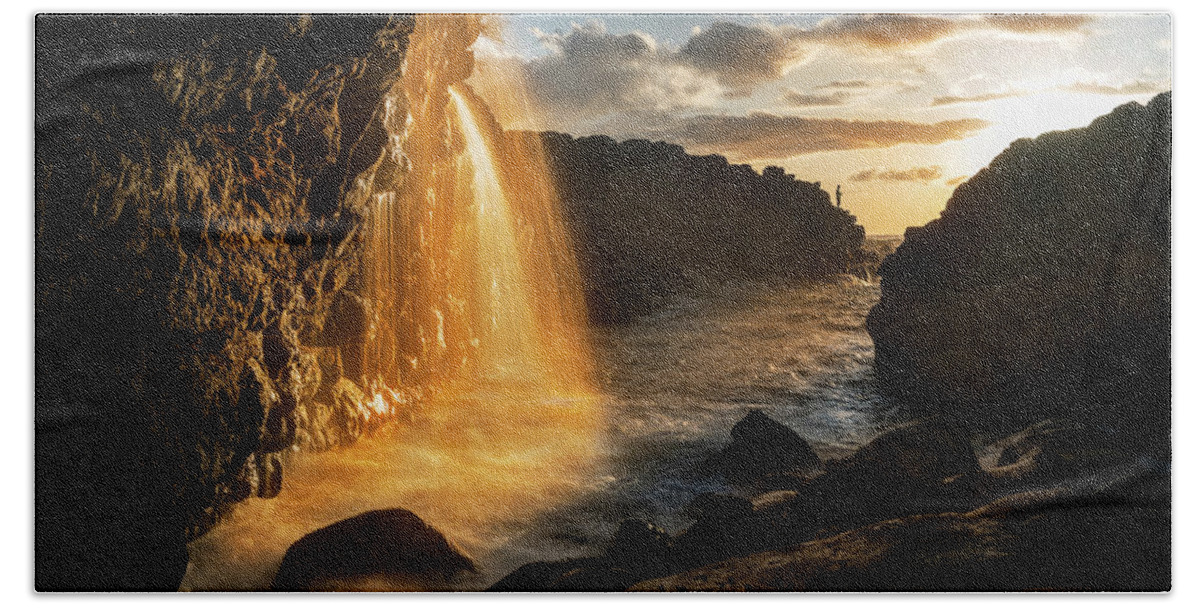 Queens Bath Bath Towel featuring the photograph Waterfall near Queens Bath in Princeville Kauai by Steven Heap