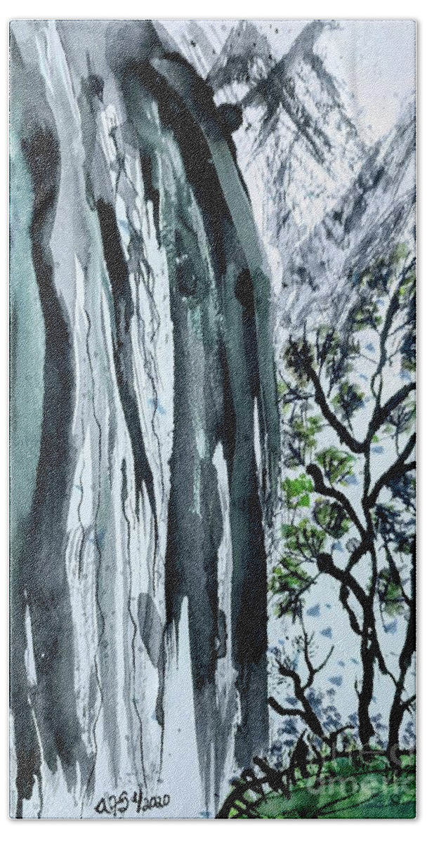Waterfall. Trees. Chinese Hand Towel featuring the painting Waterfalls in ink by Aurelia Schanzenbacher