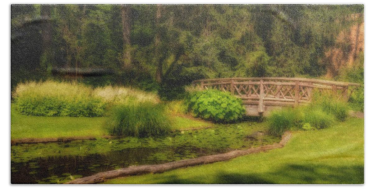 Bridge Bath Towel featuring the photograph Waterlily Pond by Susan Candelario