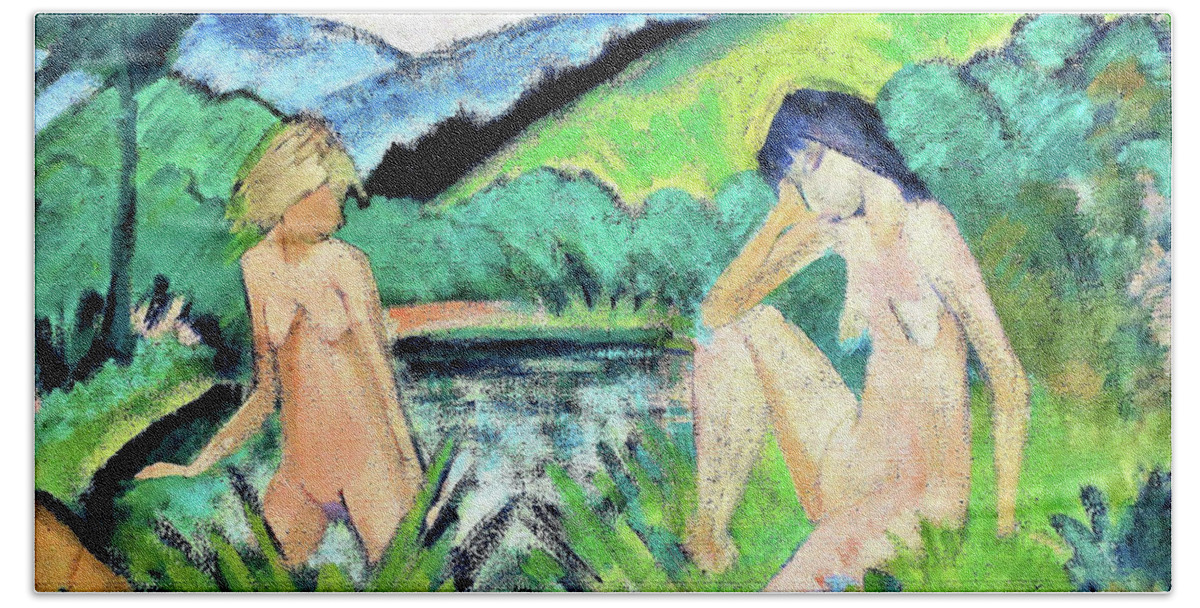 Bathers Hand Towel featuring the painting Waterside girl - Digital Remastered Edition by Otto Mueller