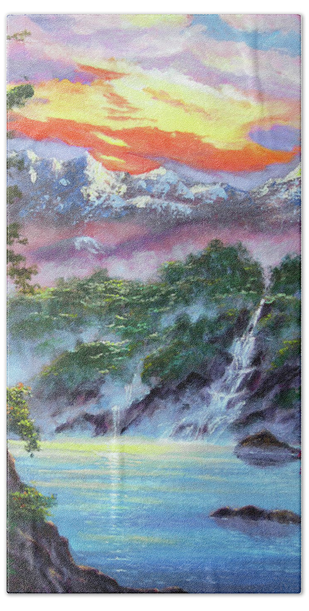 Landscape Bath Towel featuring the painting Watersounds In The Lake by David Lloyd Glover