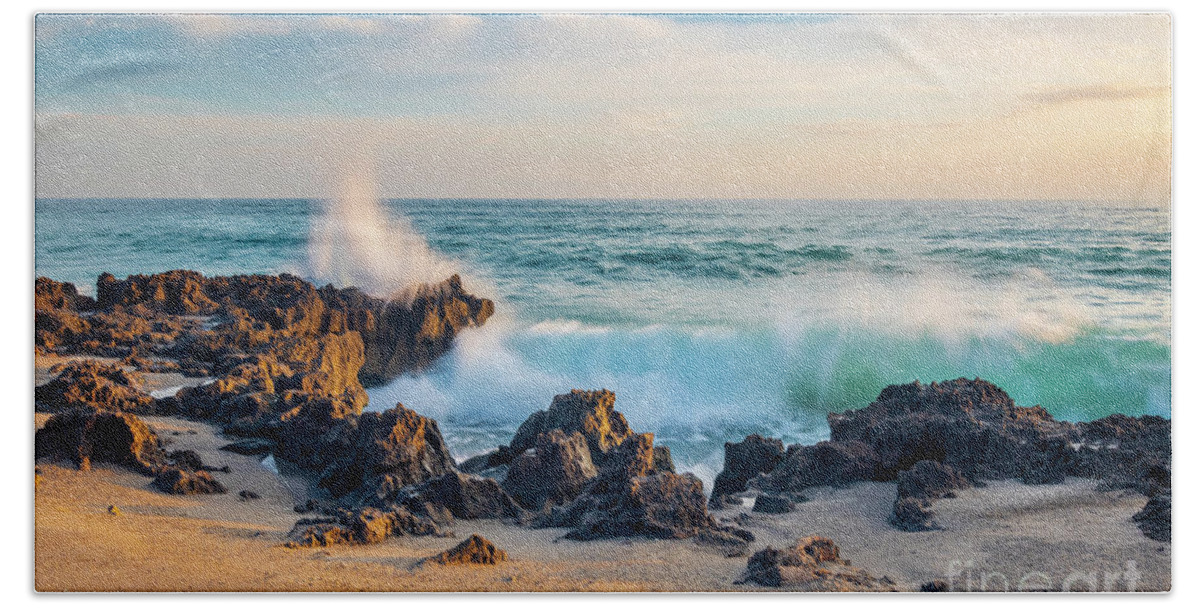 Wave Bath Towel featuring the photograph Wave and Rocks by Tom Claud