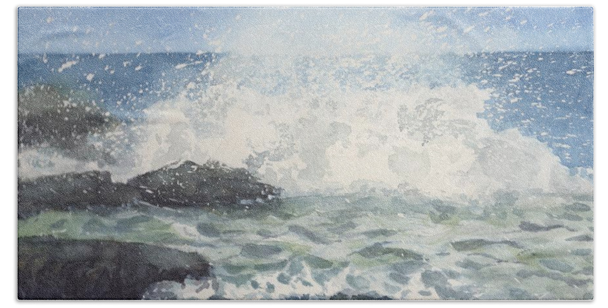 Wave Crashing On Rocks Bath Towel featuring the painting Wave Crash by Vicki B Littell