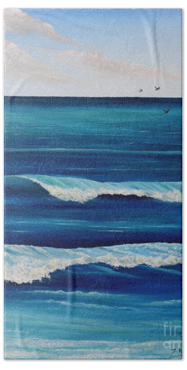 Waves Hand Towel featuring the painting Waves at the Treasured Coast by Torrence Ramsundar