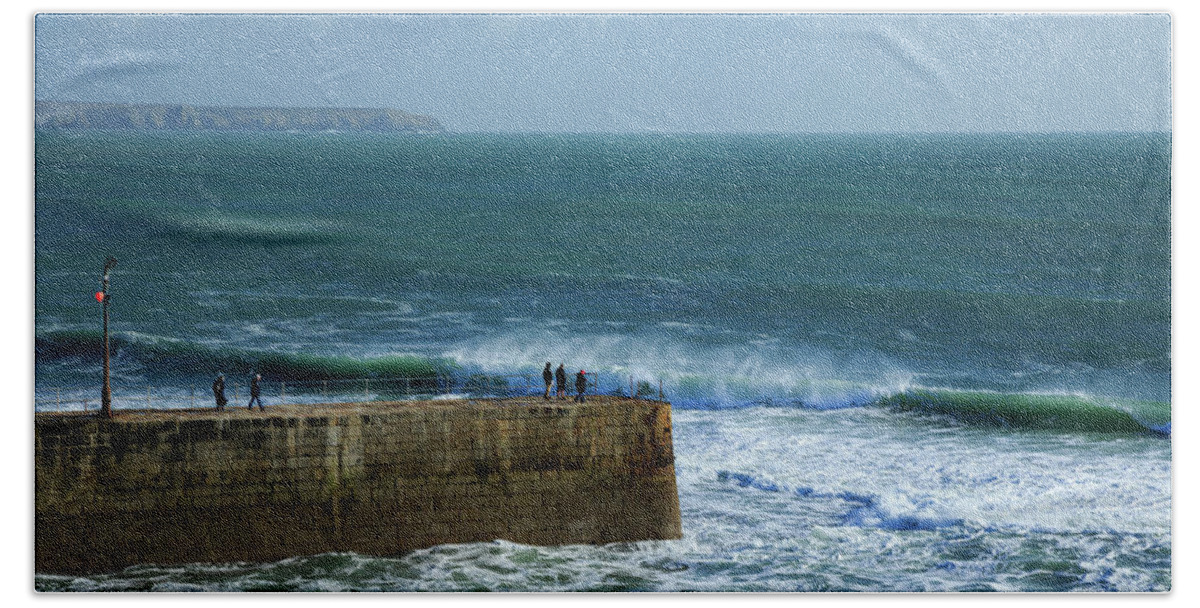 Porthleven Bath Towel featuring the photograph Waves crashing at Porthleven Beach by Ian Middleton