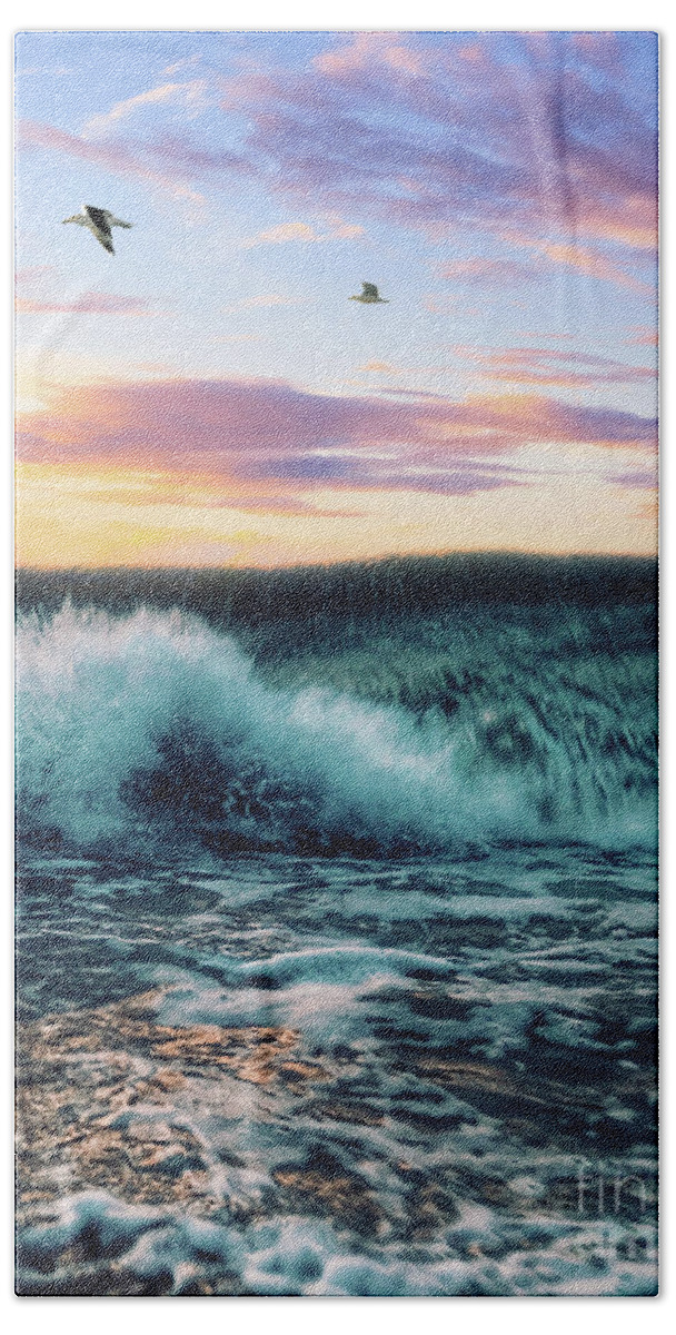 Seagulls Bath Towel featuring the digital art Waves Crashing At Sunset by Phil Perkins