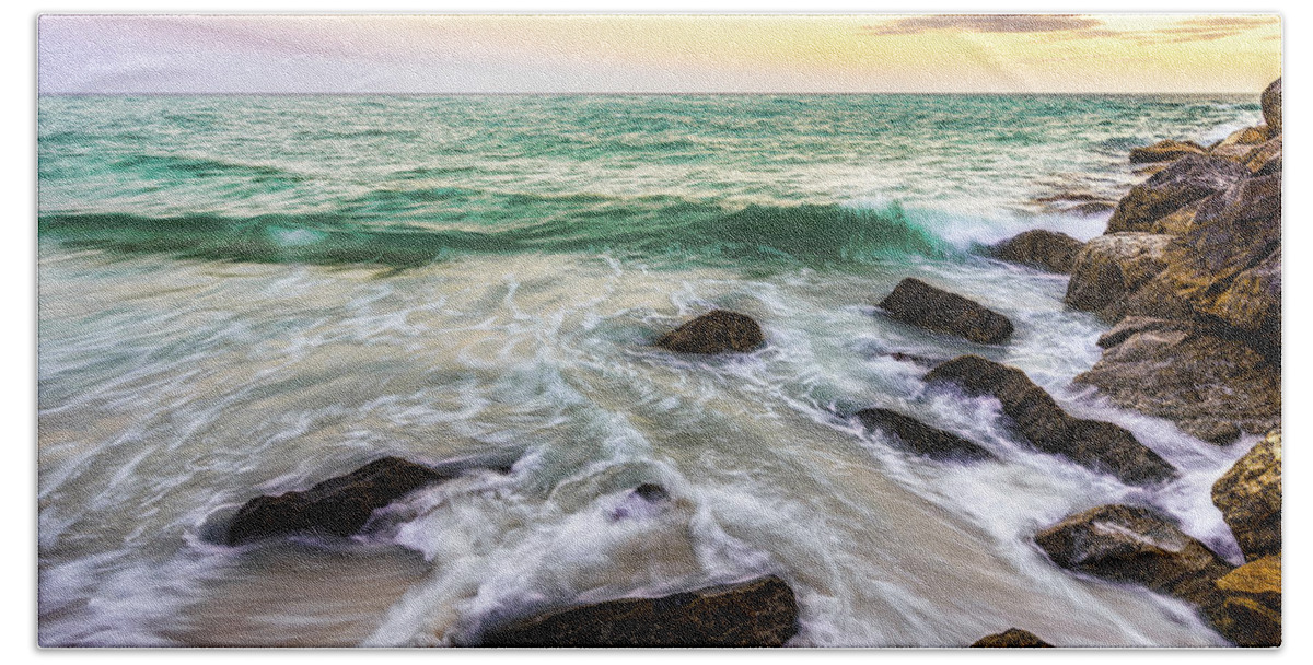 Beach Bath Towel featuring the photograph Waves on the Rocks at Sunset by Mike Whalen
