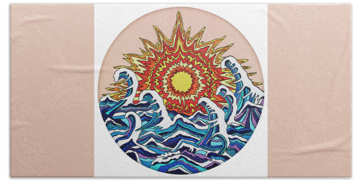 Sun Waves Ocean Bath Towel featuring the painting Waving around the Sun by Mike Stanko