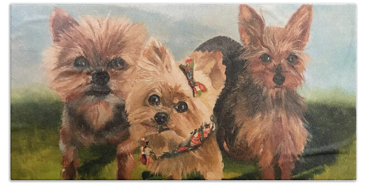  Bath Towel featuring the painting We are Family- dogs by Jan Dappen