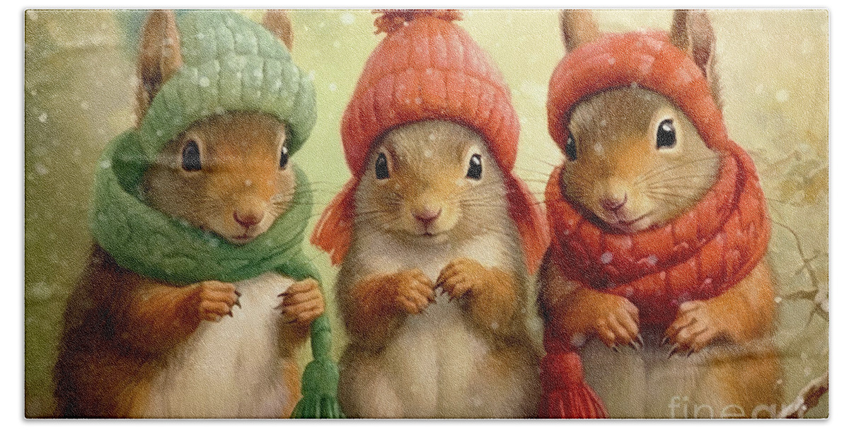 #faaadwordsbest Hand Towel featuring the painting We Three Squirrels by Tina LeCour