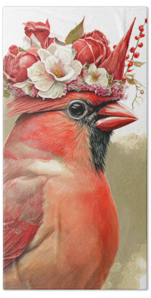 Northern Cardinal Hand Towel featuring the painting Wearing Her Red Rose Crown by Tina LeCour