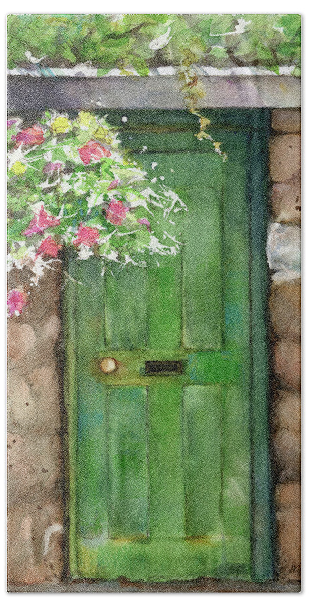 Painting Weathered Door Bath Towel featuring the painting Weathered door and flowers by Rebecca Matthews