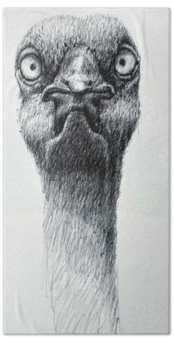 Ostrich Bath Towel featuring the drawing Weird Eyed Bird by Rick Hansen