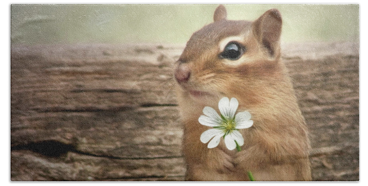 Chipmunk Bath Sheet featuring the mixed media Welcome Spring by Lori Deiter