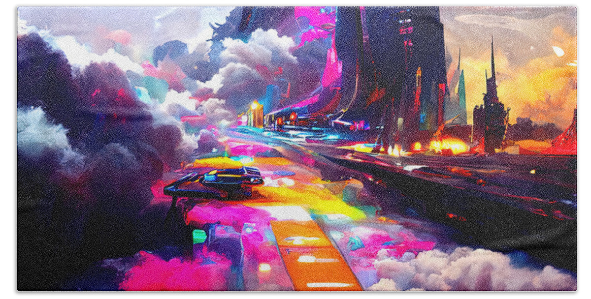 Cyberpunk Bath Towel featuring the painting Welcome to Cloud City, 03 by AM FineArtPrints