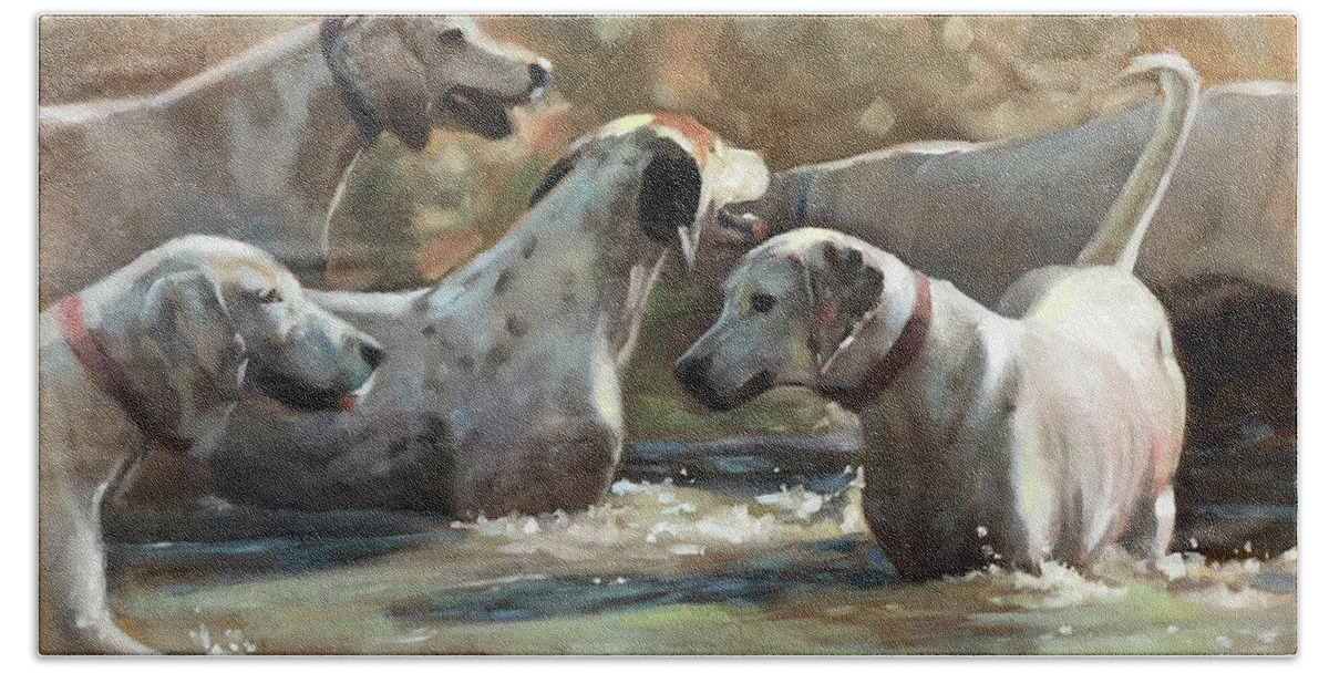 Hounds Dogs Dog Foxhunt Foxhounds Hunt Water Wading Playing Contemporary Art Painting Realism Bath Towel featuring the painting Well Hello by Susan Bradbury