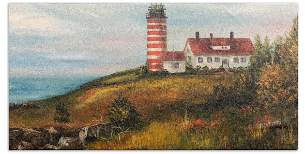 Beach Hand Towel featuring the painting West Quoddy Head Lighthouse by Barbara Landry