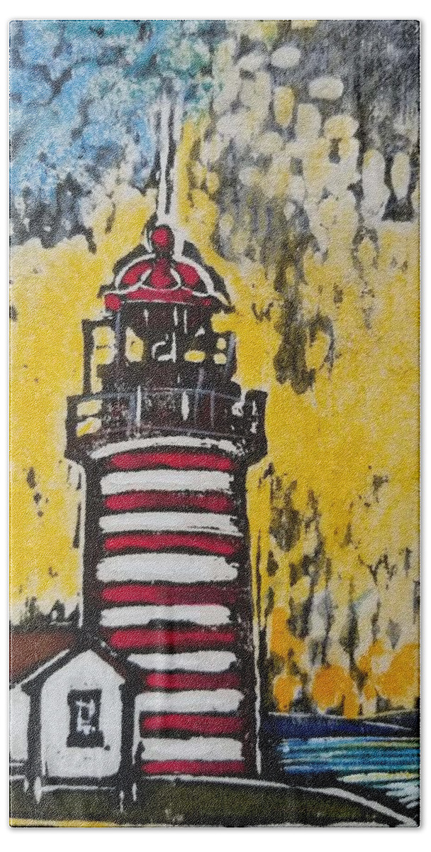 Lighthouse Bath Towel featuring the painting West Quoddy Head Lighthouse by Sherry Ashby