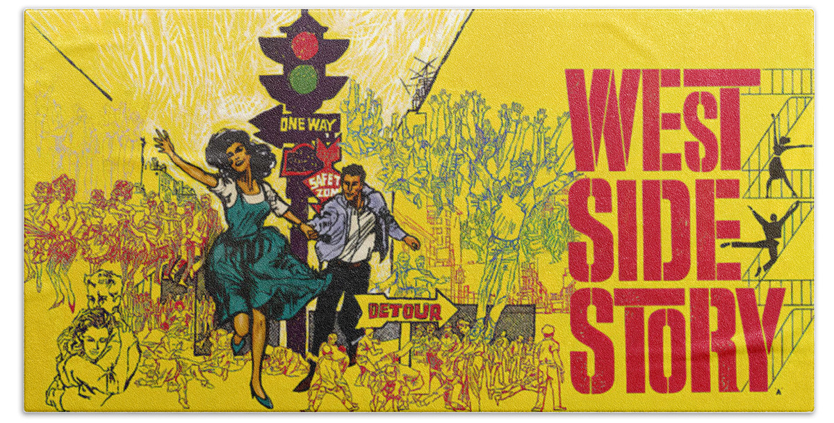 Musical Bath Towel featuring the mixed media ''West Side Story'', 1961 - art by Robert Peak by Movie World Posters