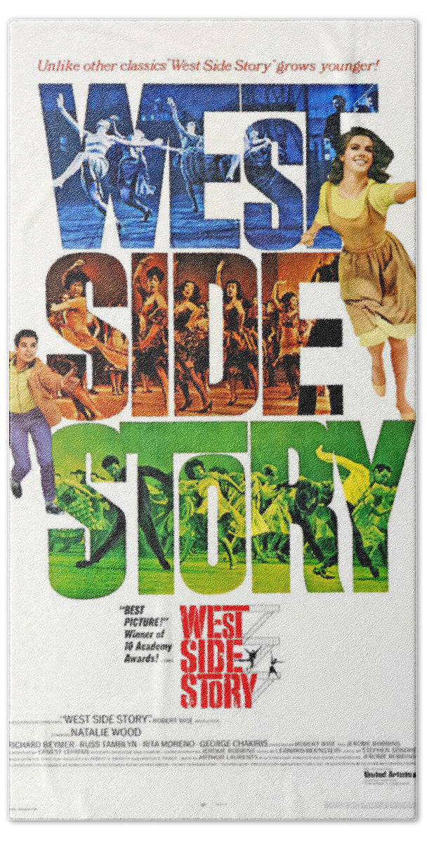 Musical Hand Towel featuring the mixed media ''West Side Story'', with Natalie Wood, 1961 by Movie World Posters