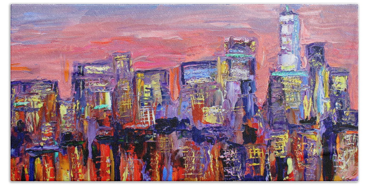 City Skyline Bath Towel featuring the painting West Side by Teresa Moerer