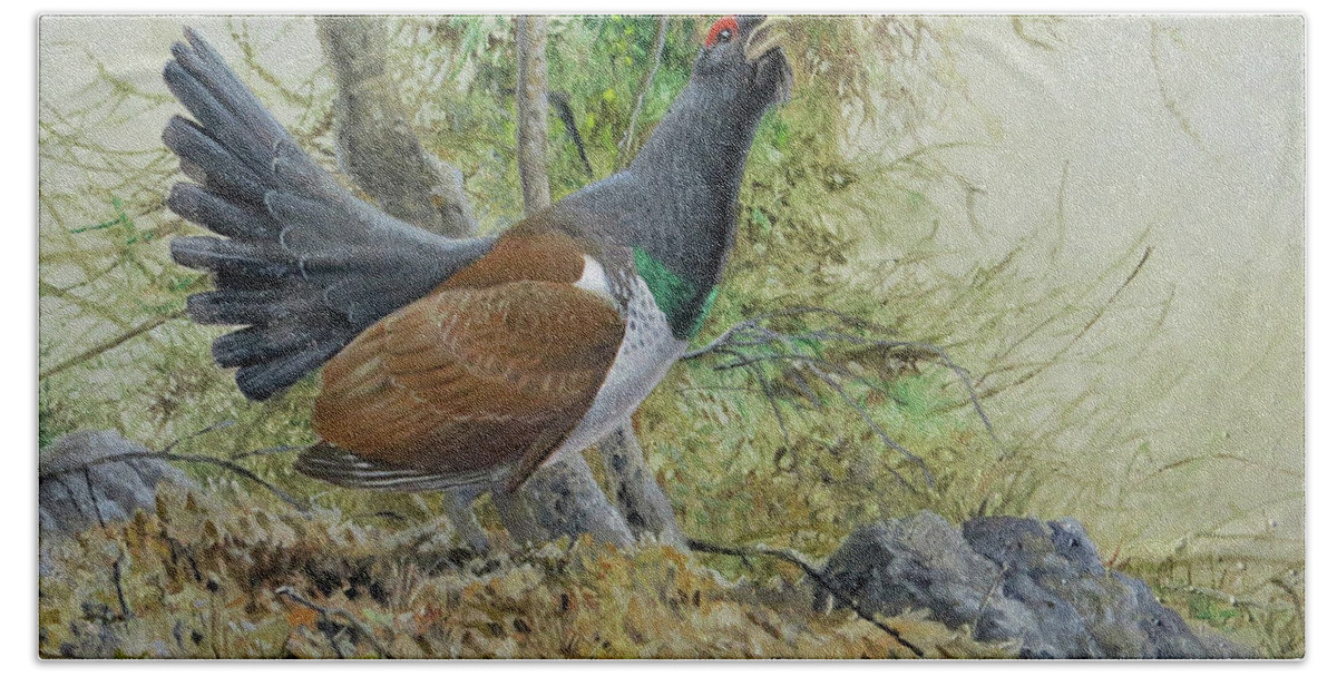 Western Capercaillie Bath Towel featuring the painting Western Capercaillie, Eastern Subspecies by Barry Kent MacKay
