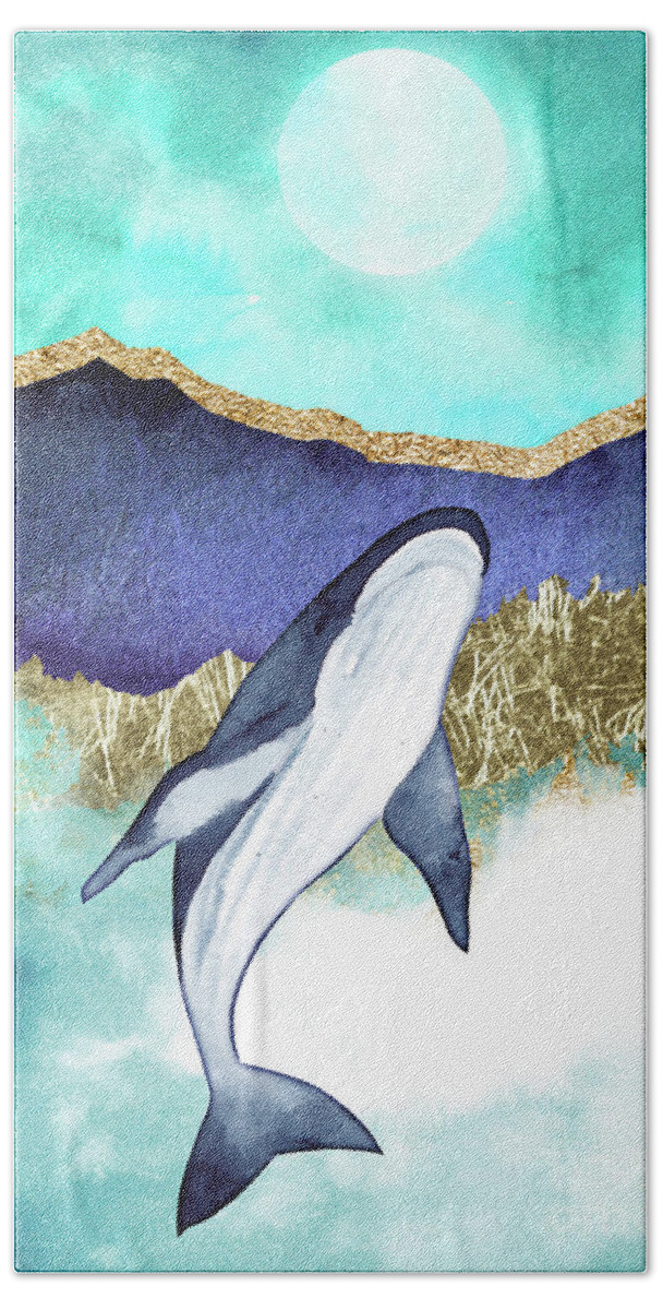 Blue Whale Hand Towel featuring the painting Whale And Moon by Garden Of Delights