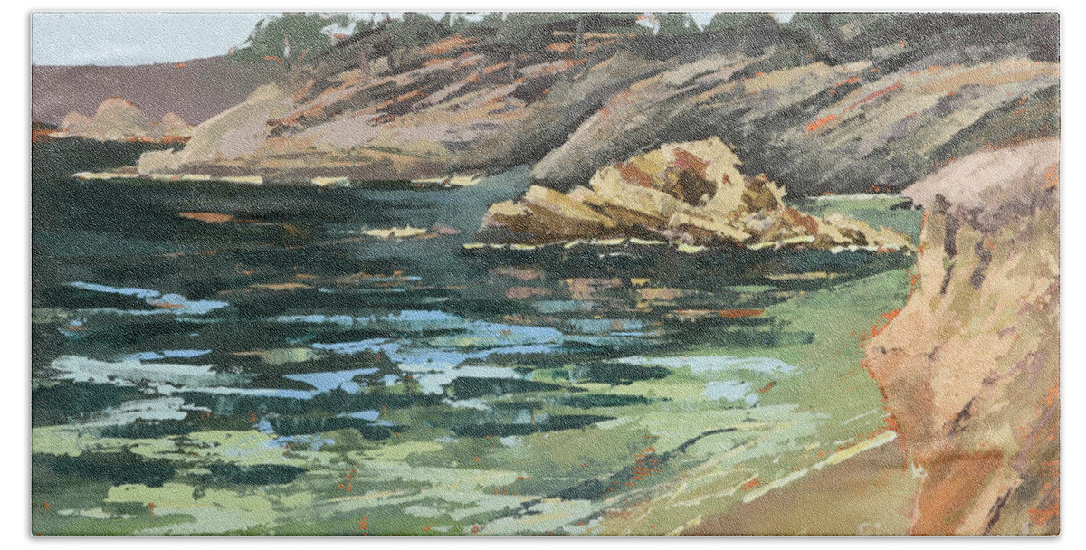 Landscape Bath Towel featuring the painting Whaler's Cove by PJ Kirk