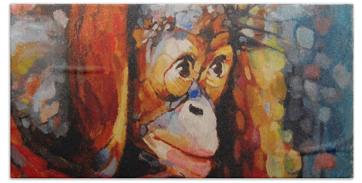 Primate Bath Towel featuring the painting What I Saw At The Zoo by Jean Cormier
