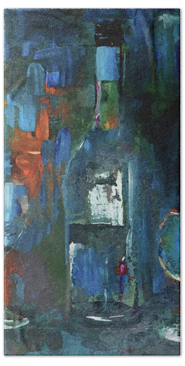 Grunge Bath Towel featuring the painting What Was Left Behind Empty Wine Bottle by Lisa Kaiser