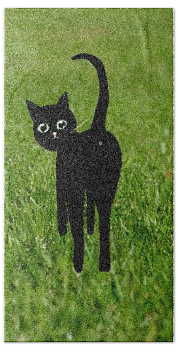 Black Cat Bath Towel featuring the mixed media What you looking at? by Elaine Hayward