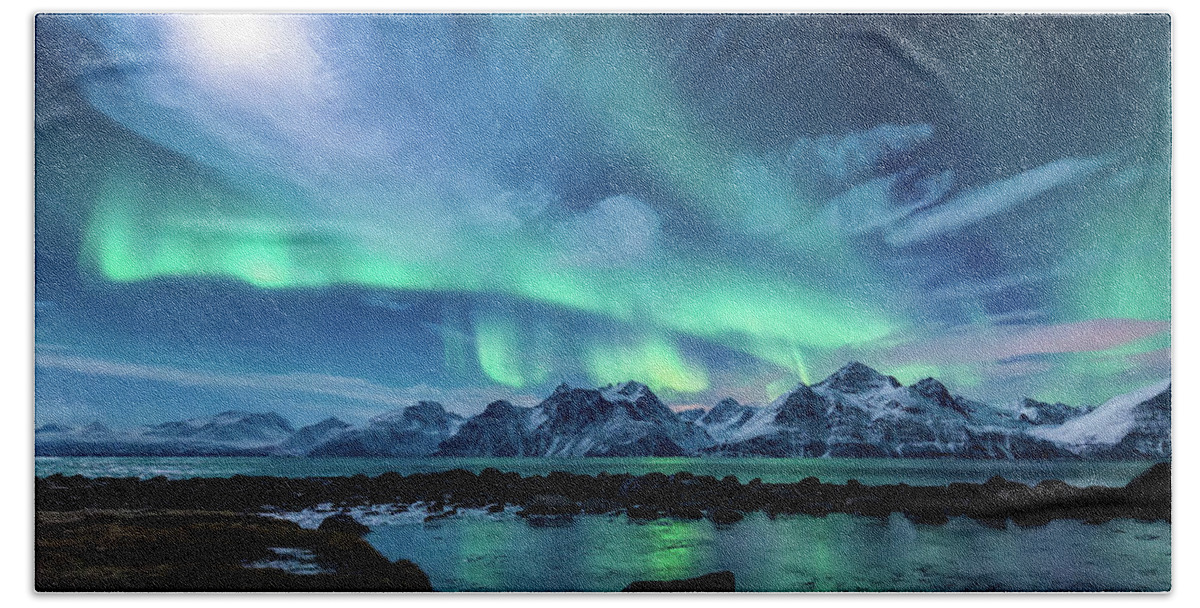 Moon Shines Aurora Borealis Northern Lights Pond Reflection Landscape Northern Lights Norway Mountains Lyngen Alps Clouds Snow Winter Ice Hand Towel featuring the photograph When the moon shines by Tor-Ivar Naess