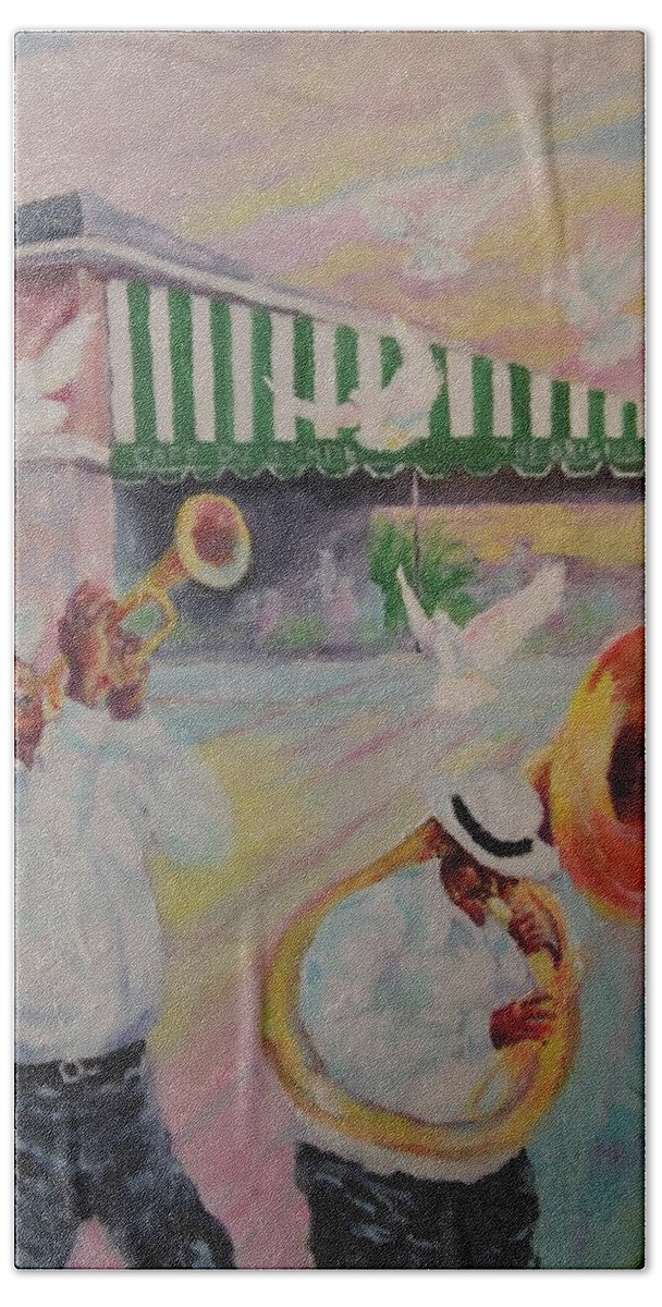 Mardi Gras Hand Towel featuring the painting When the Saints Go Marching In--Cafe Du Monde by ML McCormick