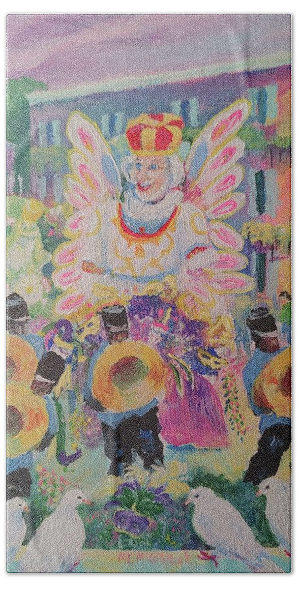 Mardi Gras Bath Towel featuring the painting When the Saints Go Marching In---Mardi Gras King Rex by ML McCormick