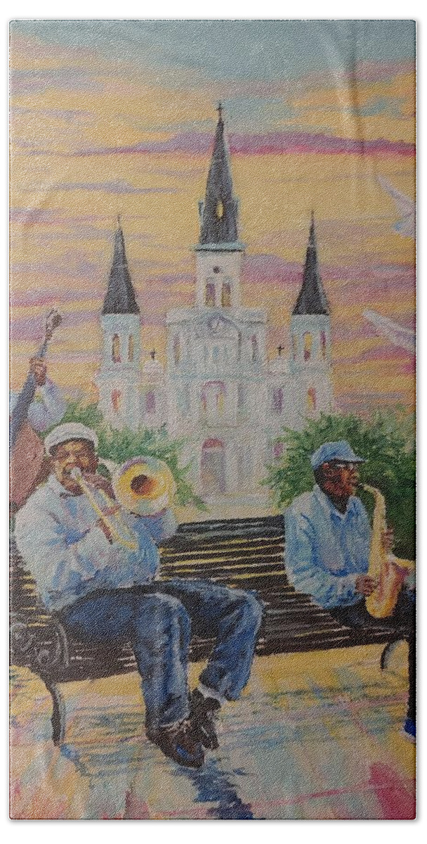 New Orleans Hand Towel featuring the painting When the Saints Go Marching In--St Lewis Cathedral by ML McCormick