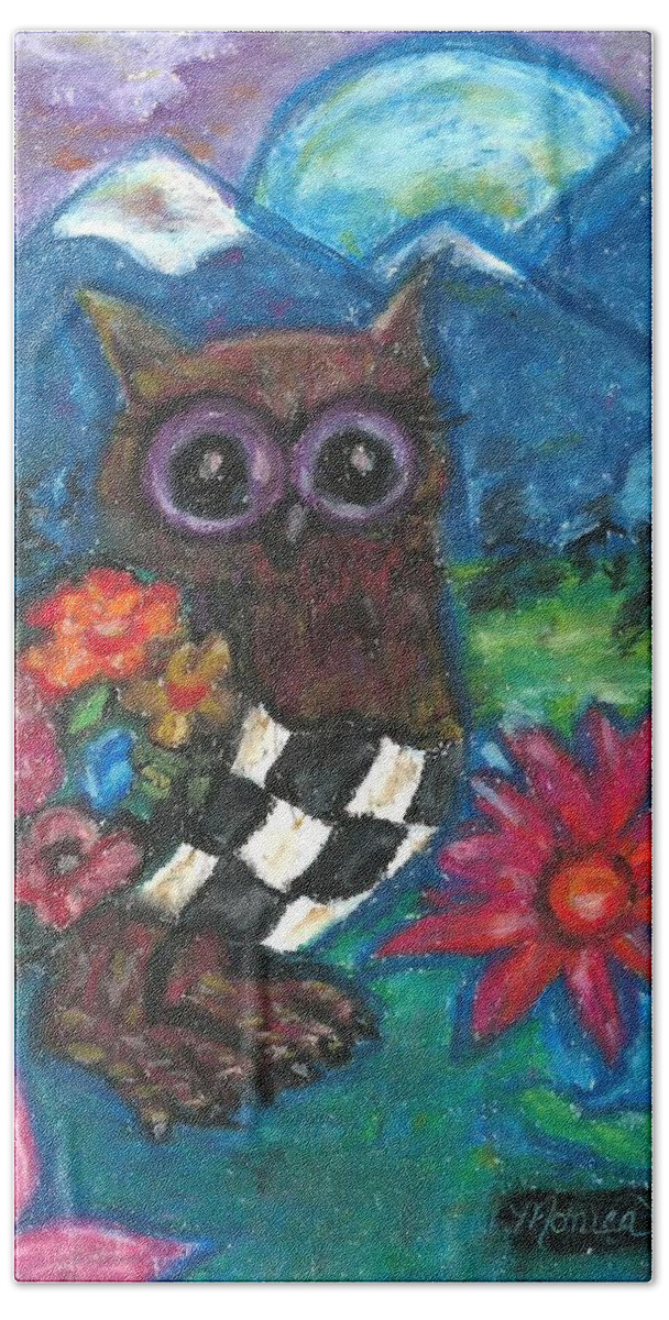 Owl Bath Towel featuring the painting Whimsical Owl in Mountain Landscape by Monica Resinger