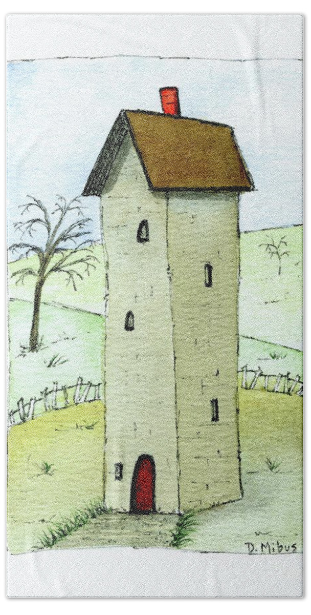 Whimsical House Painting Bath Towel featuring the painting Whimsical Tall House by Donna Mibus
