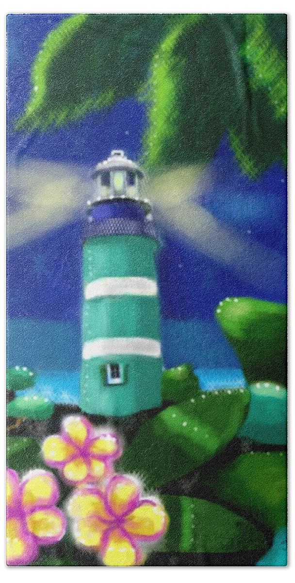 Lighthouse Bath Towel featuring the digital art Whimsical Tropical Lighthouse by Monica Resinger