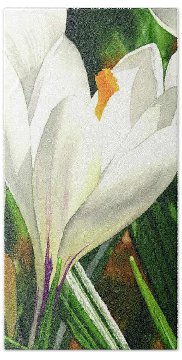 White Bath Towel featuring the painting White Crocus by Espero Art