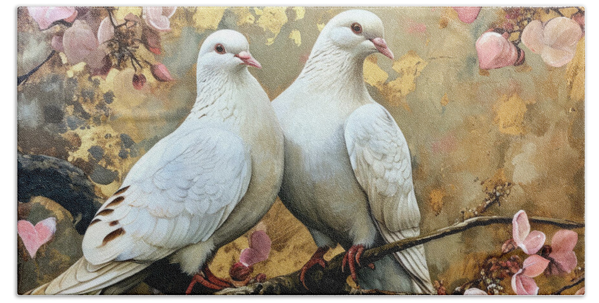 Doves Hand Towel featuring the painting White Doves In Love by Tina LeCour