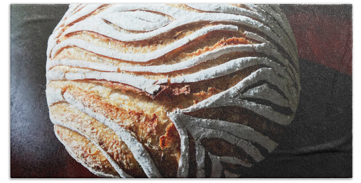 Bread Bath Towel featuring the photograph White Flour Dusted Sourdough With 4 Score Designs. 5 by Amy E Fraser