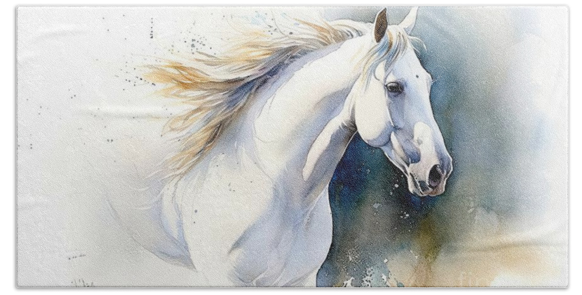 Animal Hand Towel featuring the painting White horse in watercolor by N Akkash
