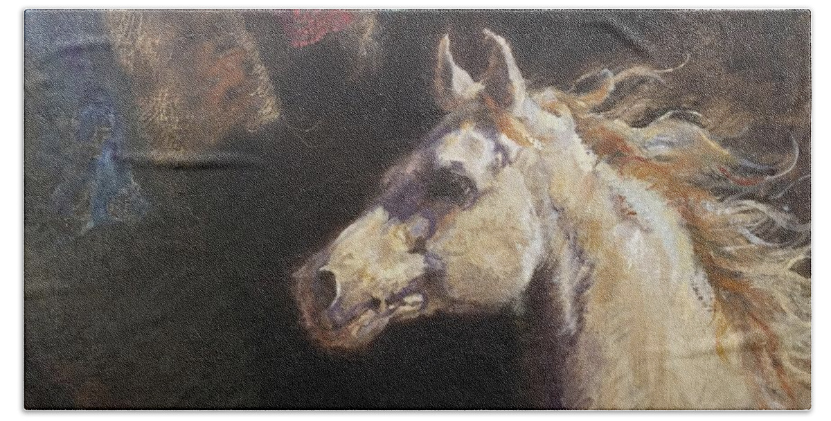 Horses Bath Towel featuring the painting White Horse with Prayer Flags by Ellen Dreibelbis