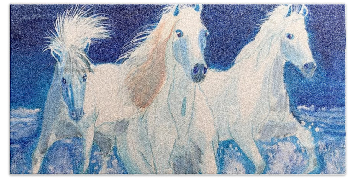 Pets Bath Towel featuring the painting White Horses on Beach by Kathie Camara