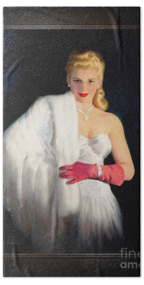 Blonde Bath Towel featuring the painting White Mink and Diamonds by Art Frahm Sophisticated Pin-Up Girl Vintage Artwork by Rolando Burbon