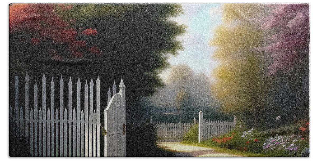 Ai Bath Towel featuring the photograph White Picket Fence AI by Andrew Lawrence