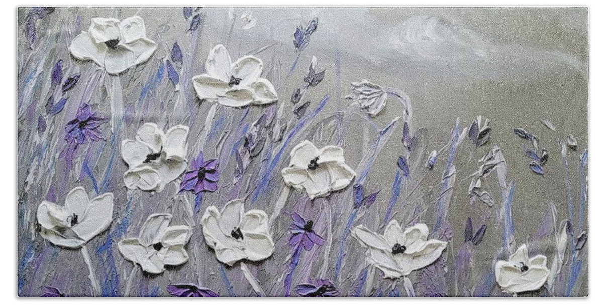Flowers Bath Towel featuring the painting White Poppies #3 by Ann Frederick