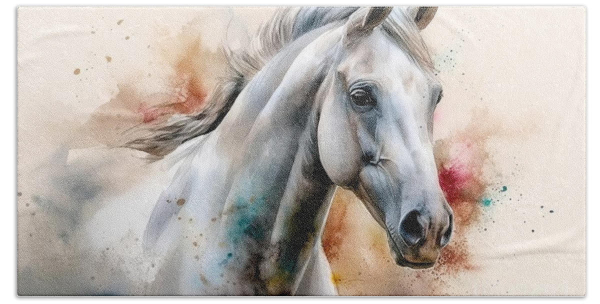 Generative Hand Towel featuring the painting White purebred Arab horse on a watercolor painting. by N Akkash