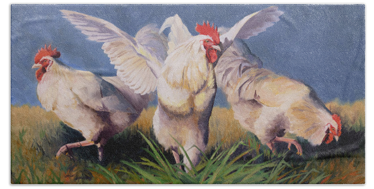Roosters Hand Towel featuring the painting White Roosters by Jordan Henderson